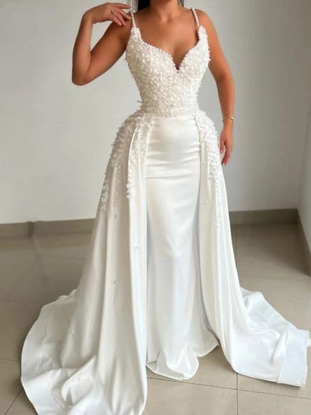 2024 New Mermaid Wedding Dress For Women Spaghetti-Straps Pearls Appliques Satin Bridal Gown Skirt Sweep Train Vestidos De Novias