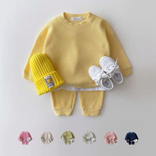 Korea Toddler Baby Clothing Sets For Infant Boys Clothes Set Mock Twopiece Waffle Cotton SweatshirtPants 2pcs Outfit 240426