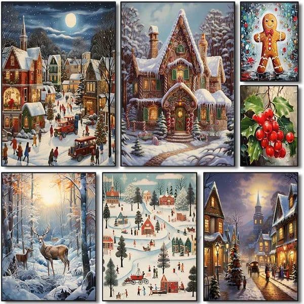 Retro Holiday Poster Christmas Bell Gingerbread Man Santa Claus Nutcracker Canvas Wallpaper Art Home Decoration W241128