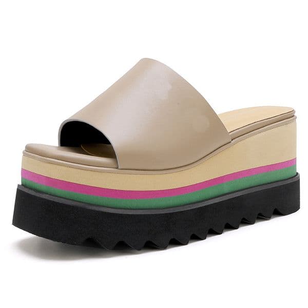 Women luxury Fashion Slip-on Sandals 8CM Heel Cowhide Leather Silver Star Women Sandals Stella Mc Platform Lady Shoes Wedge Designer Stripe Wedge Platform Shoes