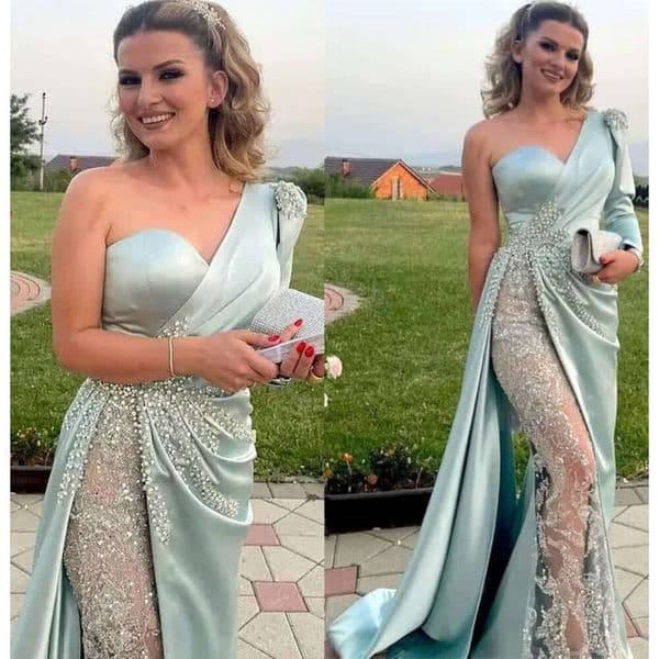Arabic Plus Aso Ebi Size Luxurious Lace Beaded Prom Dresses One Shoulder Sheath Satin Evening Formal Party Second Reception Gowns Dress Zj