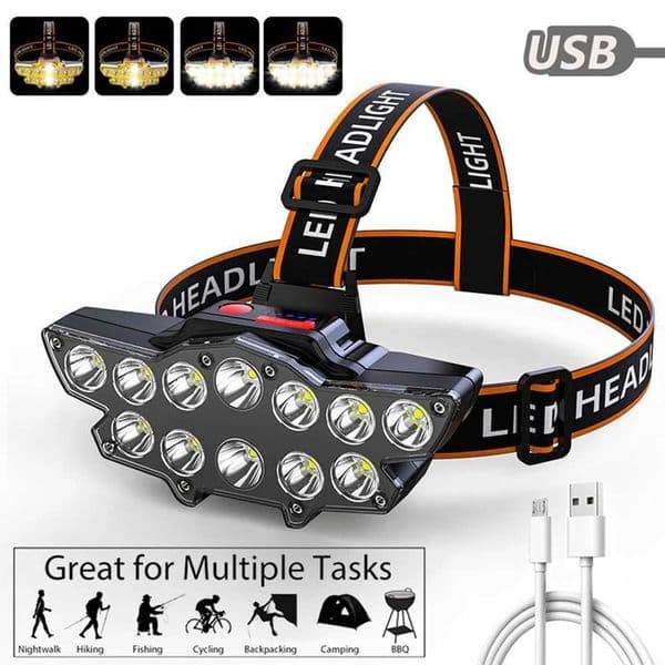 12LEDs Head-mounted Flashlight Headlight Outdoor Night Fishing Waterproof Rechargeable Miners Lamp Strong Headlight For Camping Z241129