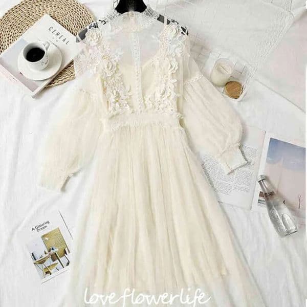 Summer Korean Vintage Stand Collar Lantern Sleeve Dress Waisted Gauze Mid-Length Textural Ral Lace Hollow Out Fairy 210521 B2