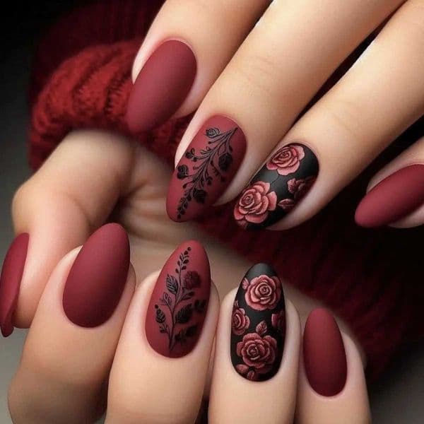 24Pcs Autumn Winter Matte Almond False Nails with Glue Rose Leaf Printing Nail Art Simple Full Cover Press on Acrylic Nails TipsXJ241128