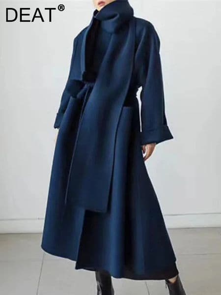 DEAT Elegant Cashmere Coat Neckerchief Lapel Laceup Waist Loose Thick Warm Long High Street Womens Jackets 2024 Autumn 15C741 241129