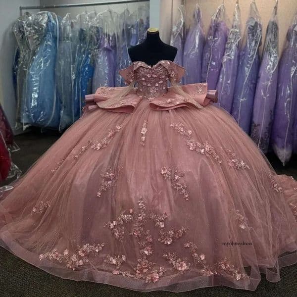 Pink Sweetheart Ball Gown Quinceanera Dresses Lace Appliques Flower Beads Ruffles Sweet 16 Dress Vestidos De XV 15 Anos 0431