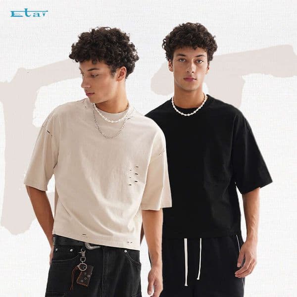 Men's Clothing, American Street Fashion, Retro, Worn Out, Solid Color, Men's T-Shirt, High-Quality, Heavyweight, 100% Cotton, And Wide, Short Sleeved