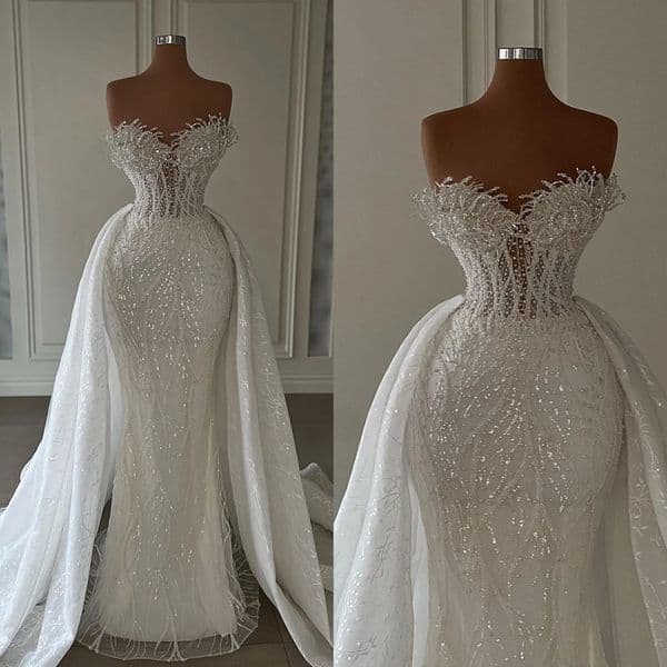 Lace Glamorous Bridal Gowns Strapless Pearls Wedding Dress Custom Made Sequined With Detachable Train Bride Dresses Vestido De Novia es