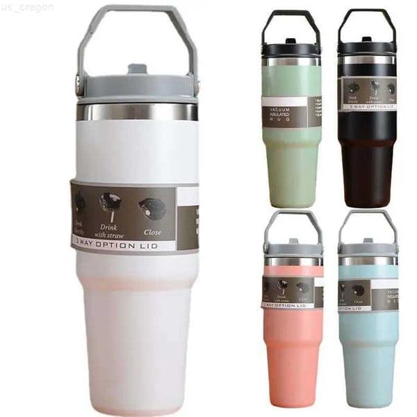 Thermoses 900ml Thermos Coffee Mug With Handle Straw Stainless Steel Coffee Termos Cup In-Car Vacuum Flask Portable Cafe Insulated Tumbler