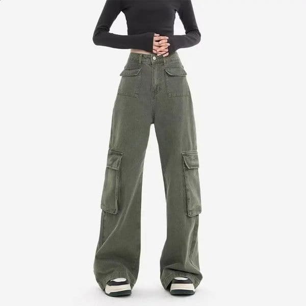 2023 Autumn Winter Woman Cargo Jeans American High Street Straight Barrel Women's Pants Army Green Ladies High Waist Jeans 240124Y