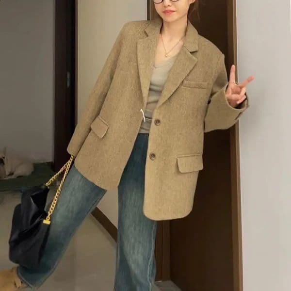 Womans Autumnwinter Cotton Short Woolen Blazers Suit Jacket Vintage Casual Solid Color Loose Blazer Woman Clothing 240202