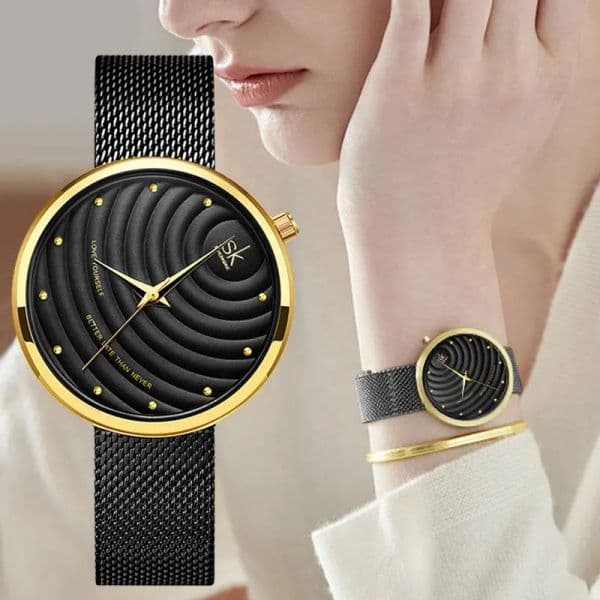 Other Clocks Wristwatches Relogio Feminino Fashion Women Watches Black Steel Mesh Quartz Watch For Simple Elegant Wavy Dial Bracelet montre
