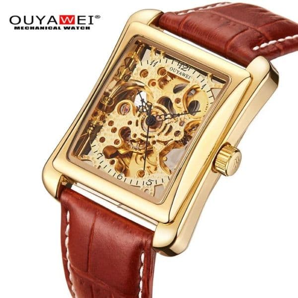 Other Clocks OUYAWEI Mechanical Watch Men brand Wristwatch Leather Strap Self Wind Gold Skeleton Watch For Case Rectangle Sport Montre Homme