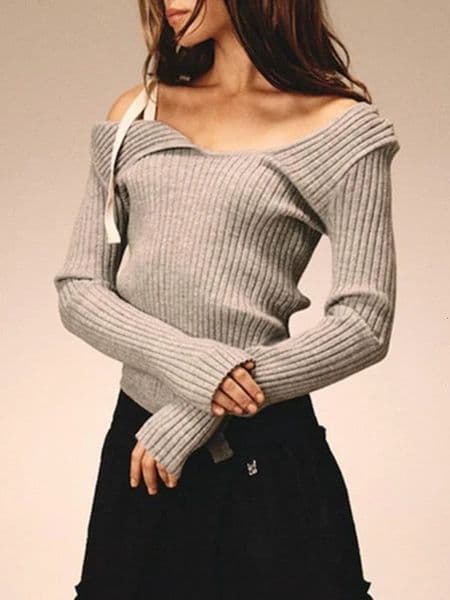 QWEEK Bandage Knitted Off Shoulder Pullovers Women American Retro Vintage Sexy Elegant Prevalent Bow Slim Sweater Spring 240130