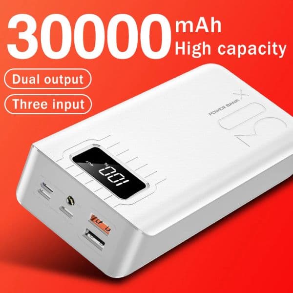 30000mAh High Capacity Power Bank QC3.0 Fast Charging External Battery For Iphone14 Portable Digital Display Powerbank Poverbank