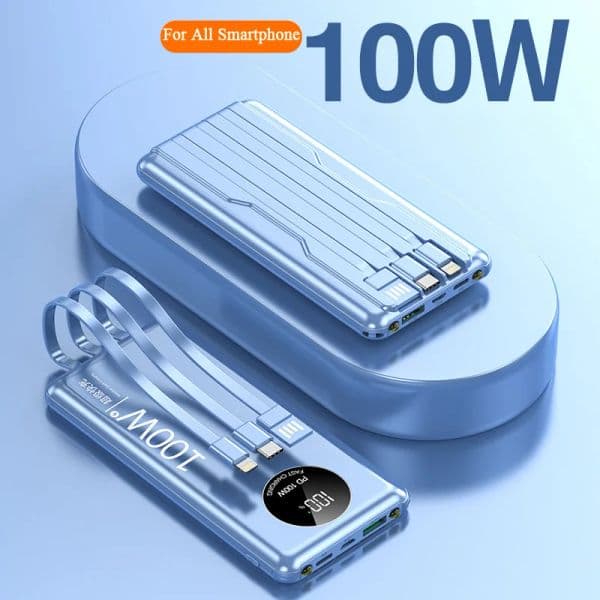 100W Power Bank 20000mAh PD Fast Charging Powerbank Portable External Battery Quick Charge Poverbank Built in 3 Cable 4 Outputs