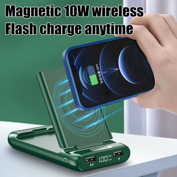 10000mAh Magnetic Power Bank 2 In 1 PD 22.5W Fast Charging External Battery With Folding Stand For Iphone13 10W Wireless Charger