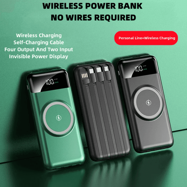 Three-In-One Wireless Charging Built-In Four-Wire Power Bank 30000mAh Large Capacity External Battery Free Shipping