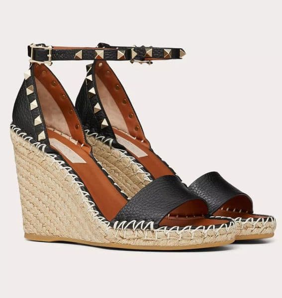 Top Luxury Brand Women Studs High Heel Sandals Shoes Grainy Calfskin Leather Rope Platform Wedges Rubber Sole Lady Daily Walking Black Heels Shoe EU35-43 With Box
