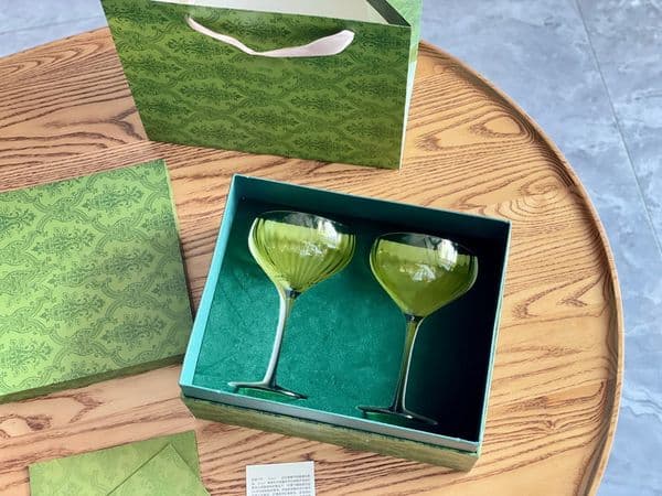 Designer Green Glass Tall Vintage Ripple Red 2 Pieces Set Business Gift Wine Cup 010205