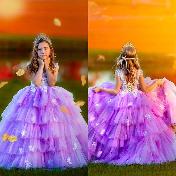 Gorgeous wer Girl Dresses For Wedding Appliques Lace Up Tiered Kids Dress Girl's Birthday Party Gowns