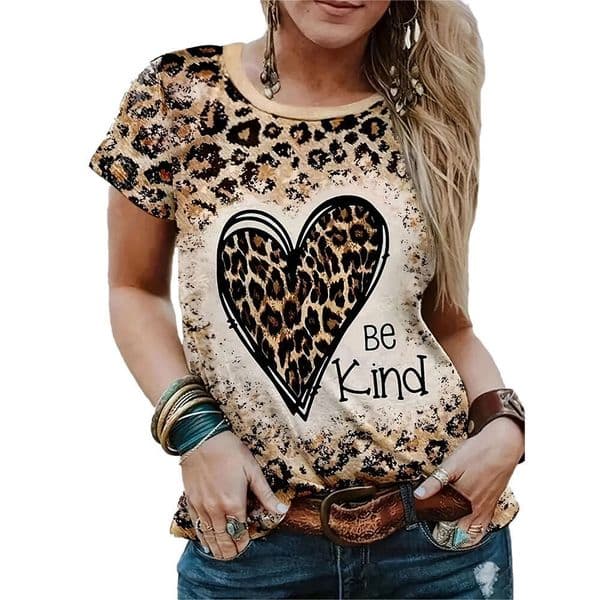 Love Tie Dyed Leopard Print Letter Printed Round Neck Short Sleeved T-shirt Women's Top