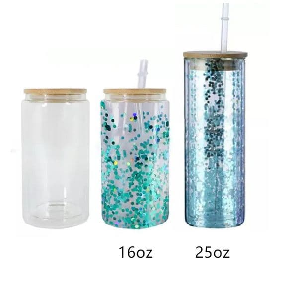 16oz 25oz Double Wall Sublimation Glass Can Snow Globe glass Tumbler Beer Glass Clear Drinking Glasses With Bamboo Lid And Reusable Straw