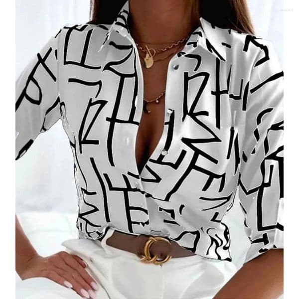 Women's T Shirts Fashion Printed Shirt Pattern Button Top Slim Fit Comfortable Clothing V-neck Casual Long Sleeve