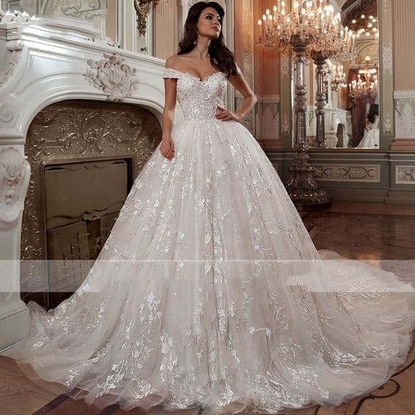 White Wedding Dresses Ivory Bridal Gowns A Line off shoulder Long Sleeve Tulle Applique Beaded Custom Zipper Lace Up Plus Size Robe Mariage vestido de novia