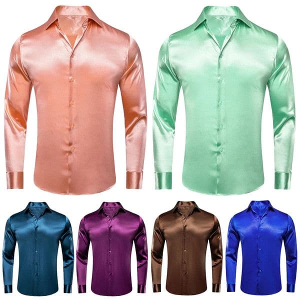 Hi-Tie Plain Satin Silk Mens Dress Shirts Long Sleeve Suit Shirt Casual Formal Blouse Pure Solid Rose Gold Peach Pink Mint White 240223