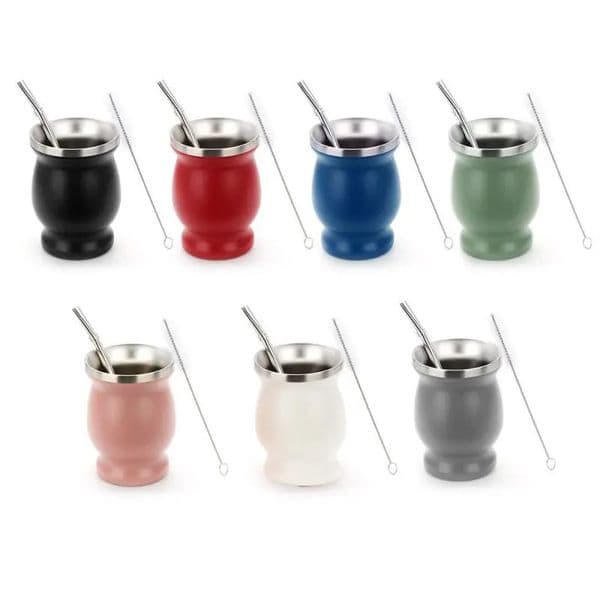 8oz Yerba Mate Cup Double Wall Stainless Steel Portable Tea Mug Argentine Yerba Mate Gourd with Spoon Bombillas Cleaning Brush 240531