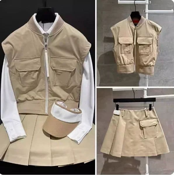 Golf Womens Clothing Spring and Autumn Standing Neck Pocket Loose Versatile Vest Top and Fashion Short Skirt 240522