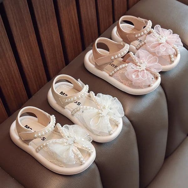 Summer Baby Girls Flower Pearl Fish Mouth Sandals Sweet Soft Sole Breathable Mesh Toddler Princess Shoes Kids Beach Sandals 240524