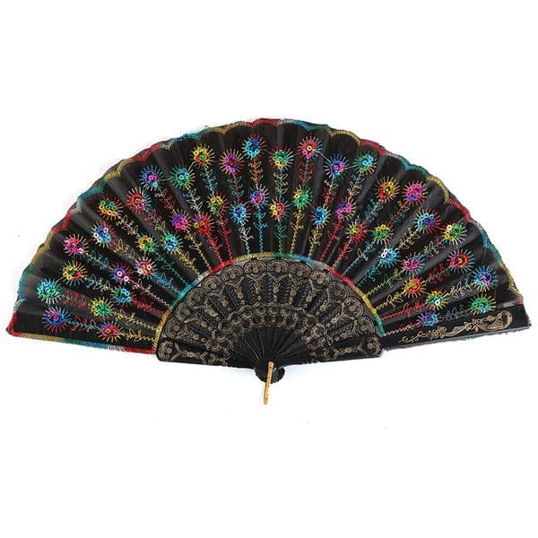 Elegant Colorful Embroidered Flower Peacock Pattern Sequin Fabric Handheld Hand Classical Vintage Dance Women Gifts Wedding Folding Fan