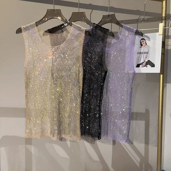 Women Men Crystal Rhinestones Shiny Sexy Y2K Tank Tops High Quality Party Club Sexy See Through Mesh Hollow Out Diamond shirt 240601