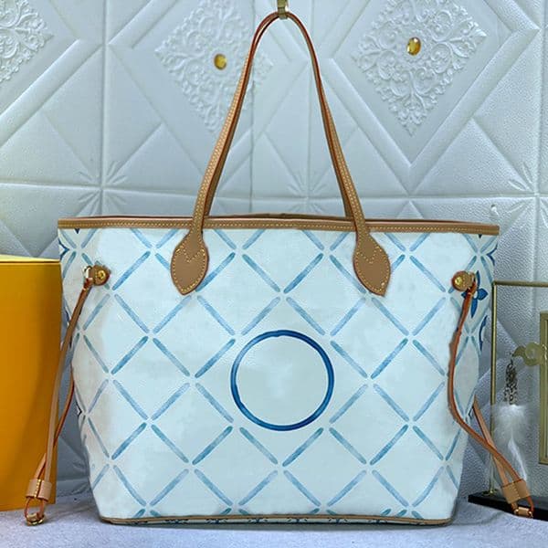 Watercolor Tote Bag Lady Shoulder Bag Designer Bag Medium Handbag Coated Canvas Pillow Bag Cowhide Leather Trim Circle Printed Fabric Lining Large Shopping Bag