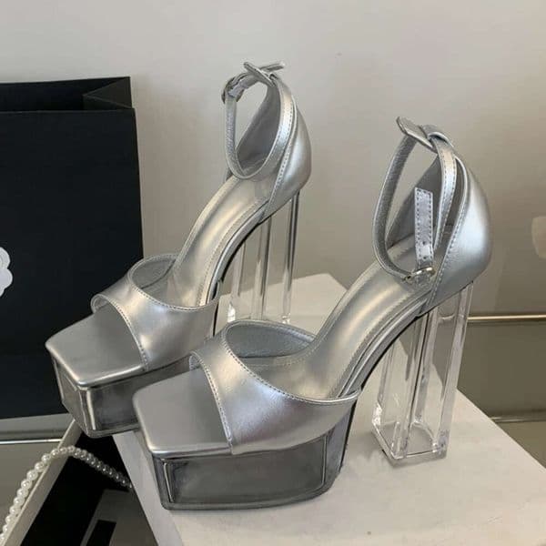 Eilyken Fashion Chunky Platform Buckle Strap Sandals Women Summer Square Toe Crystal Transparent High Heels Banquet Shoes