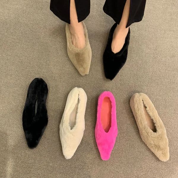 Fashion Pointed Toe Fur Ballet Flat Woman Winter Warm Plush Shallow Loafer Ladies Concise Furry Heeled Dress Shoes Zapatos Mujer 240607