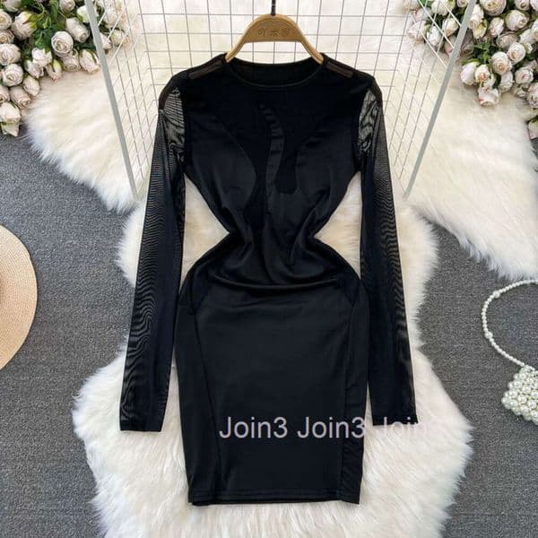 24ss Spring and Autumn Fashion Sexy Long sleeved Round Neck Waist Slim Mesh Panel Wrapped Hip Bottom Dress