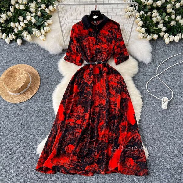 Summer light mature style niche dress for women with waist cinching and drape feeling large swing short sleeved shirt skirt fashionable printed skirt