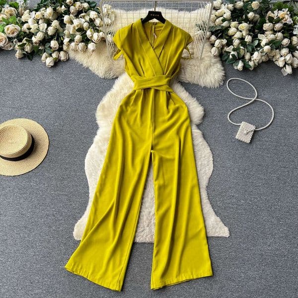Temperament V-neck waistband jumpsuit for womens summer new age reducing Korean version fashionable and slim high waist draped wide leg pants