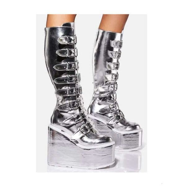 Design Sier Platform Wedges Knee Women Buckle High Heel Round Toe Cute Girl Boots Lady Shoes 2023
