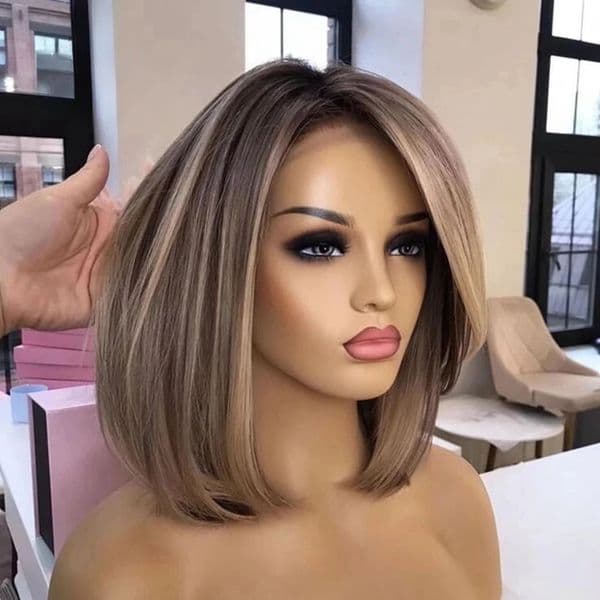 Blonde Brown Highlight Bob Wig Human Hair Straight Lace Front Wig Brazilian 13X4 Lace Frontal Short Wigs for Women