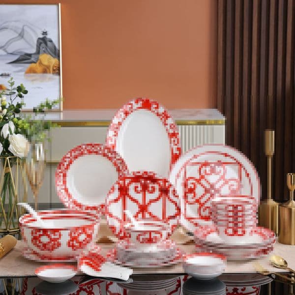 Designer Tableware Sets Restaurant Club Bone China Tableware Red Set High-end Hotel Ceramic Plate Bowls 43 Pieces