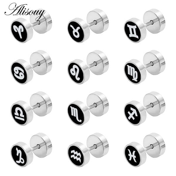 Alisouy 1pair Punk Double Sided Stainless Steel Earrings Men Women Couple Zodiac Constellation Fake Ear Plugs Barbell Stud