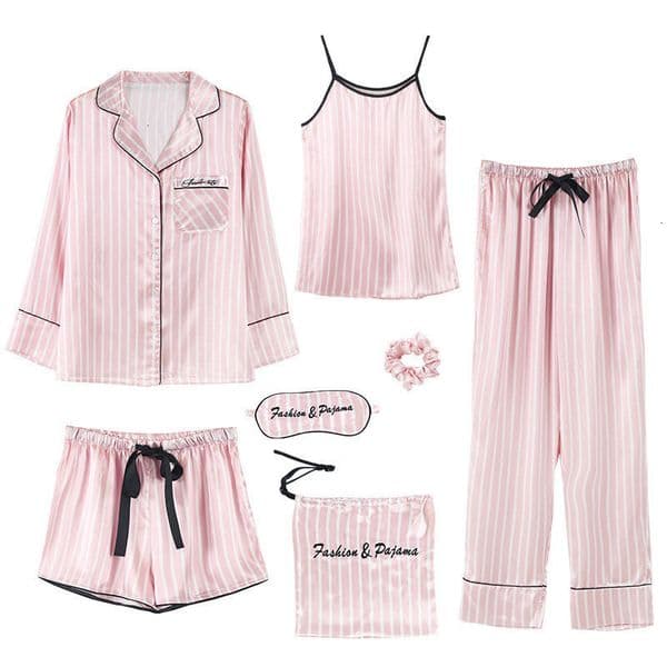Womens Sleepwear Lisacmvpnel 7 Pieces Suit Women Pajamas Print Fashion Sation Pyjamas Autumn Casual Loose 230227