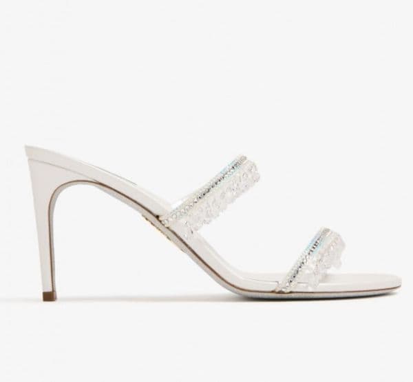 Chandelier sandals Sexy Beautiful Women Slide sandal Embellished Strass stiletto calf leather heels Chandelier pearl slider sandals wedding dress sliver sole