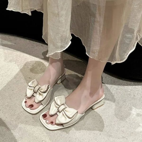 Summer Square Heels Slippers Women Mules Green Butterfly-knot Slides Sandal Shoes Female Plus Big Size 42 250225BJ