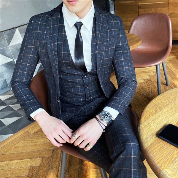 Plyesxale 3 Piece Plaid Suit Men Slim Fit Navy Royal Blue Wedding Suits 5XL Business Dress Suits Tuxedo Q380 201106