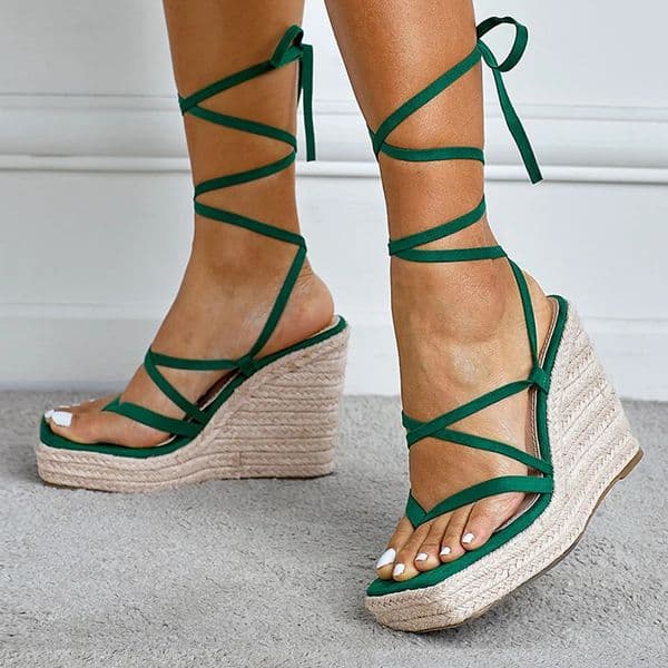 Fashion 12.5CM Wedges Heels Platform Sandals Women Summer Green Narrow Band Open Toe Ankle Lace-Up Party Dress Shoes Plataforma 240615